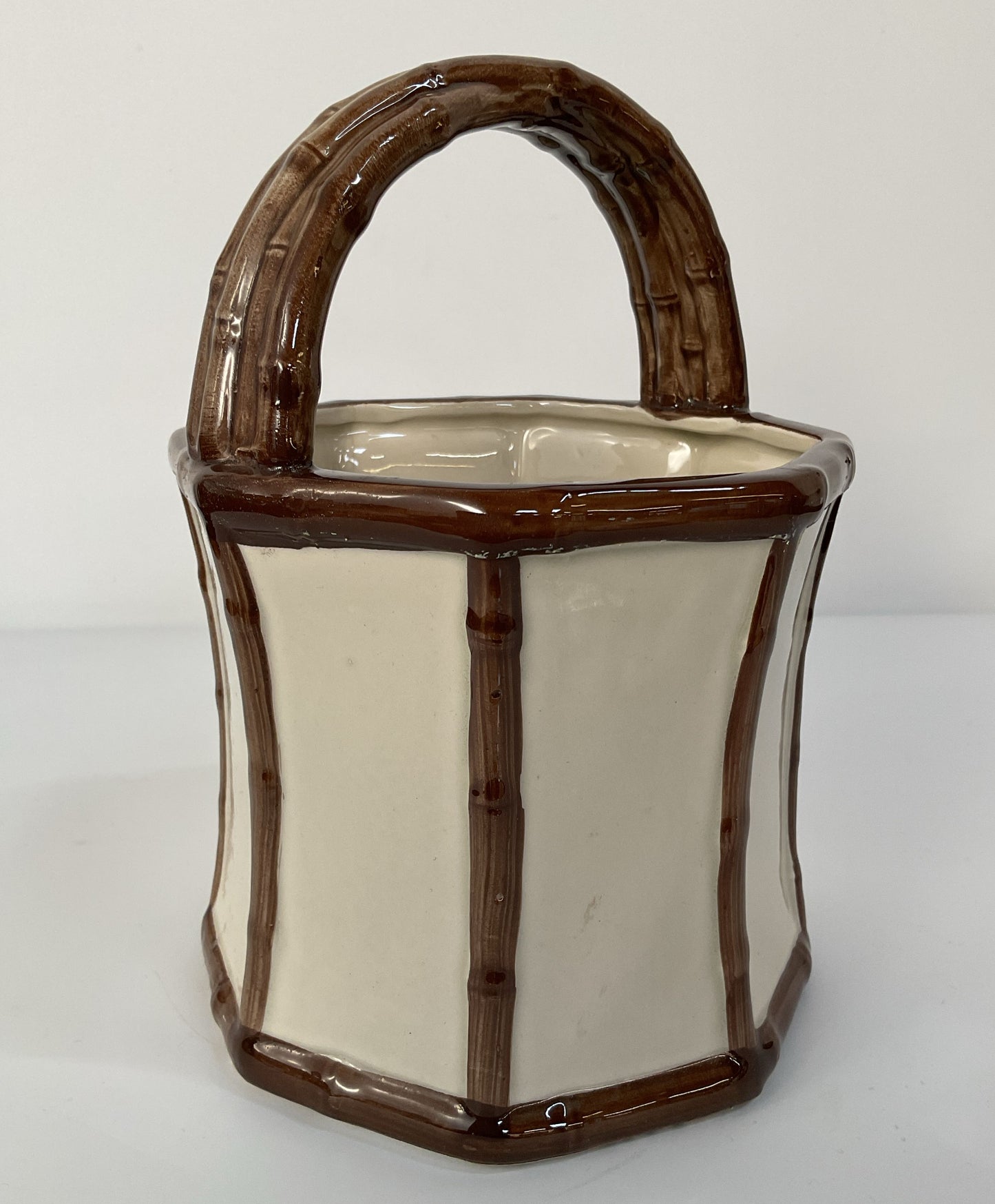 Vintage Fitz and Floyd Bamboo Motif Ceramic Basket Vase