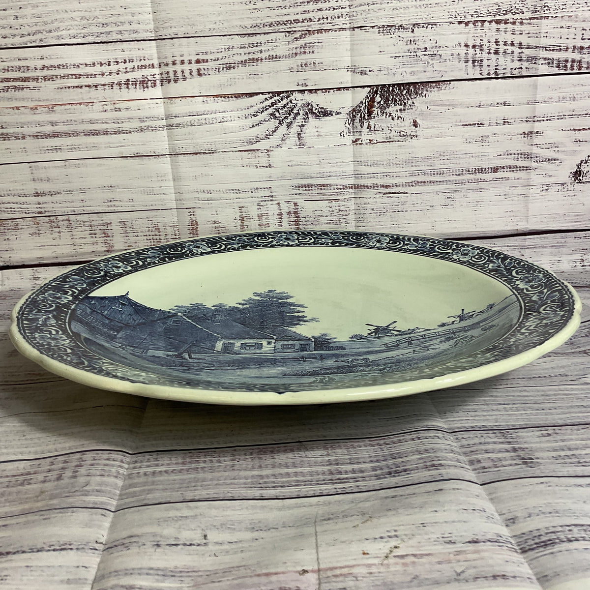 ANTIQUE DELFTS Boch Belgium Cottage & Windmills Wall Plate - 15.75"