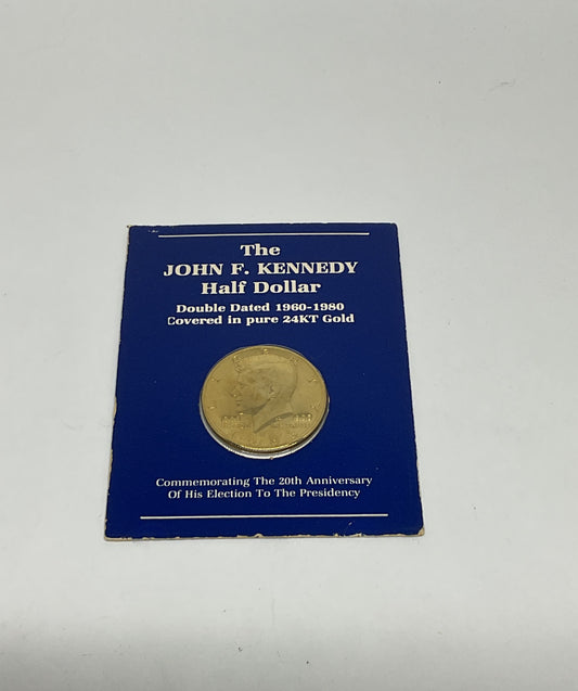 Double Dated 1960 1980 John F. Kennedy Half Dollar Coin 24K Gold Plated
