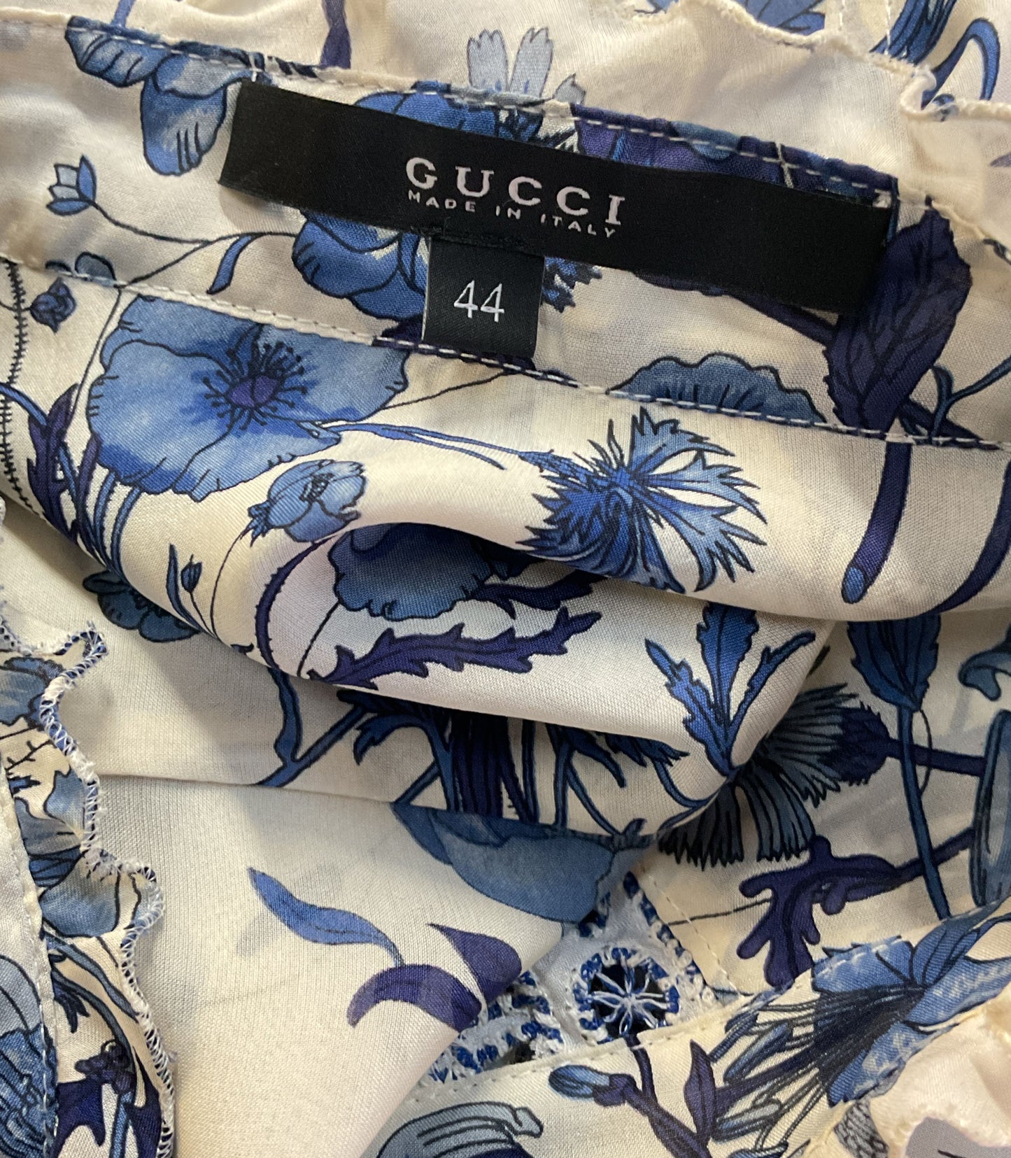 Gucci Silk Floral Lace Snap Button Long Sleeve Blouse Blue White 44