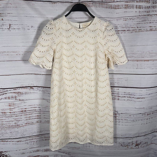 Sezane Tierra Ecru Lace Short Sleeve Crewneck Mini Cottagecore Dress Sz 34