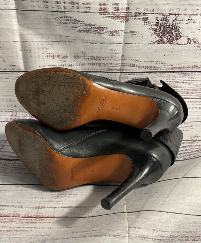 Coach Mackenna Size 8 B High Heel Booties Boots Embossed Cuff Leather Black