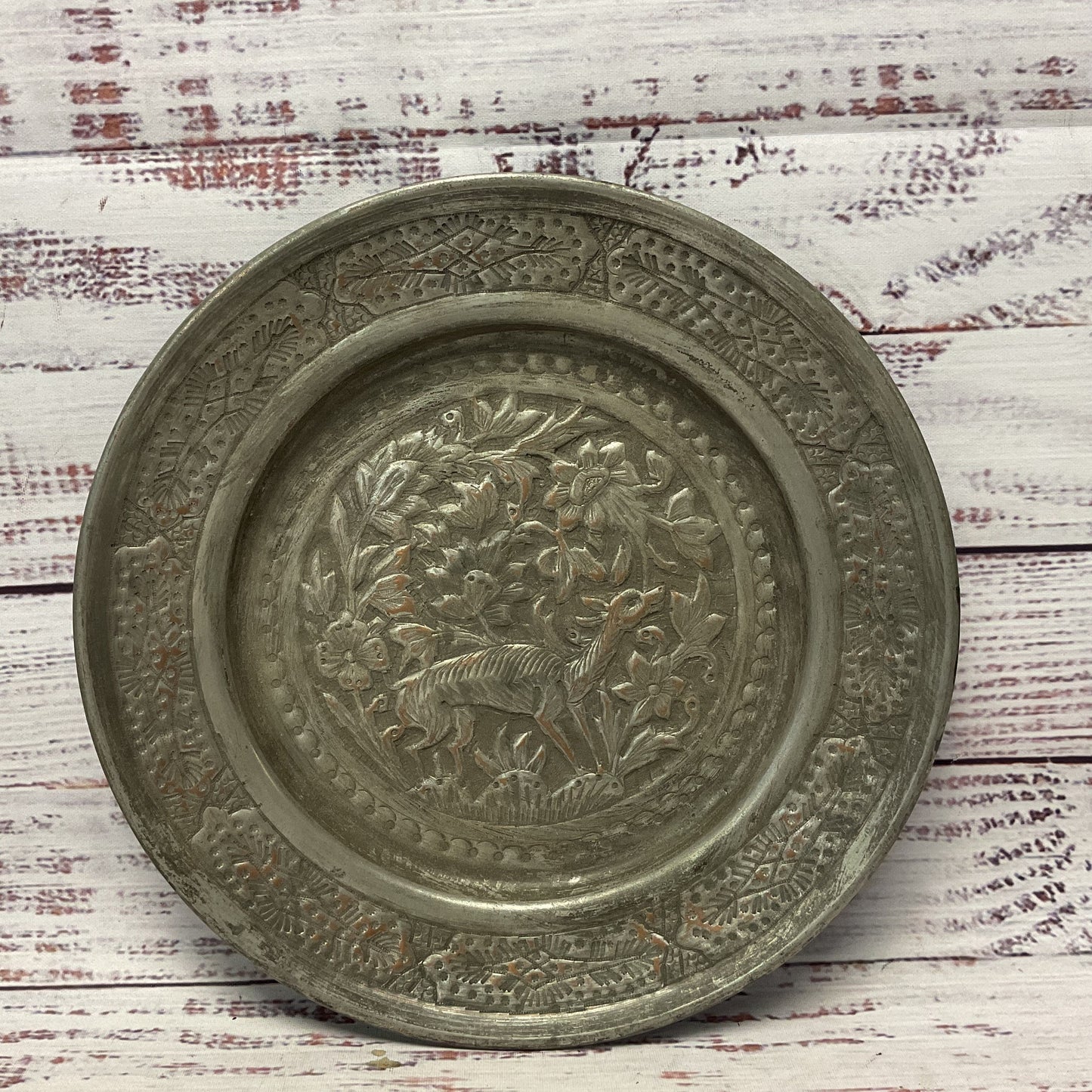 Hand Hammered Stamped Tinned Copper Deer Flowers Wall Hanging Art 8"