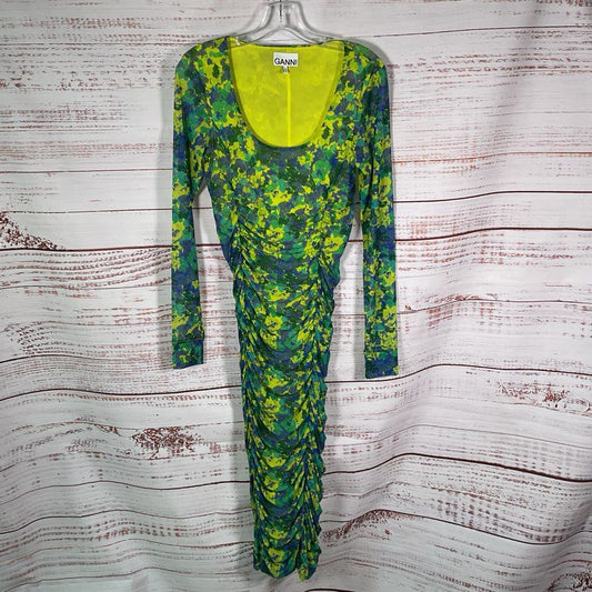Ganni Green & Blue Floral Print Ruched Mesh L/S Scoop Neck Midi Dress - Size 36
