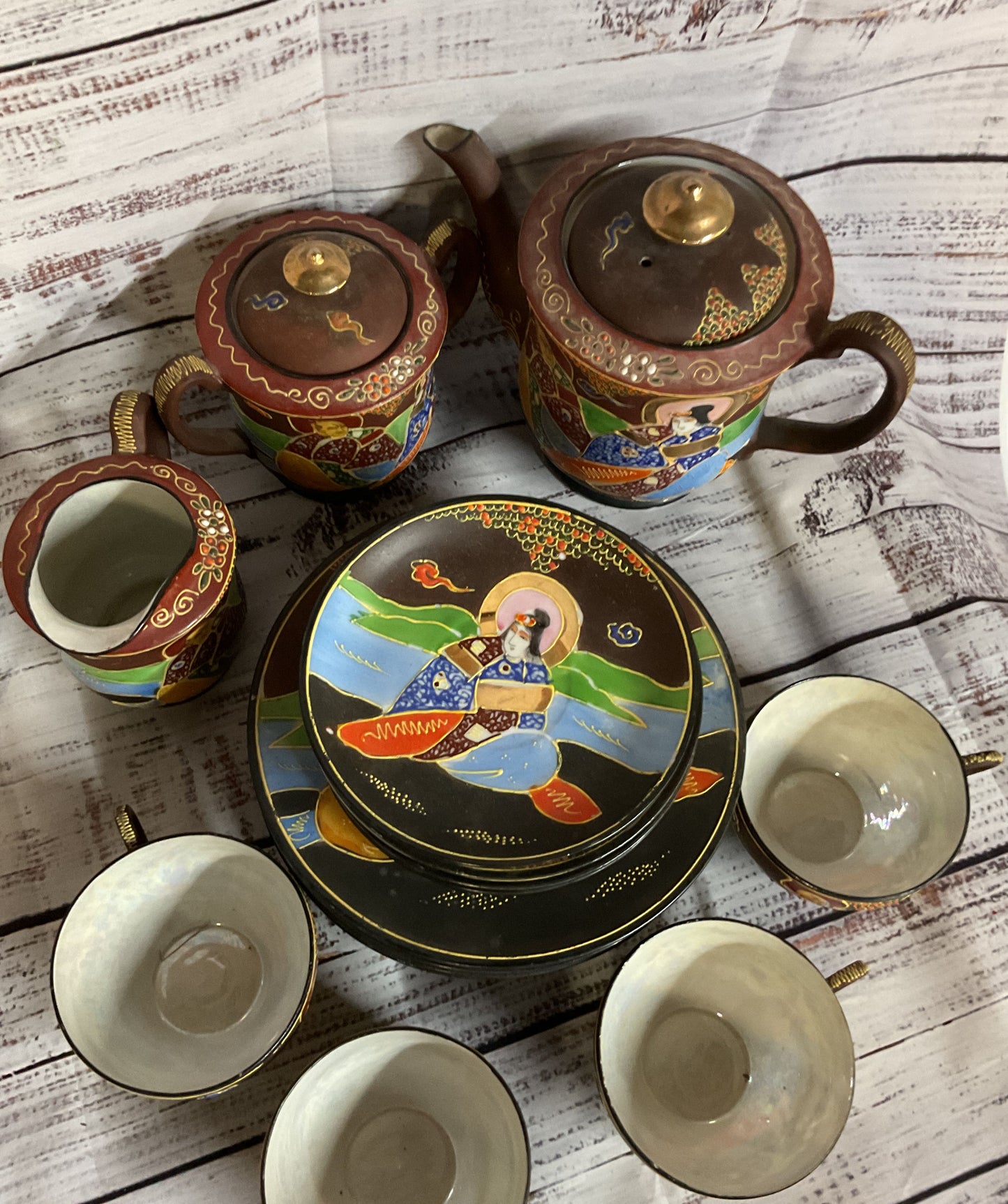 Vintage Japanese Satsuma Moriage Tea Set Cups Saucers Teapot Plates 16Pcs