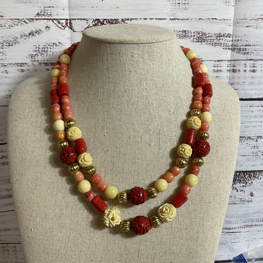 Red Coral, Cinnabar & Pink/White Gemstone Beaded 2 Strand Necklace- 20"