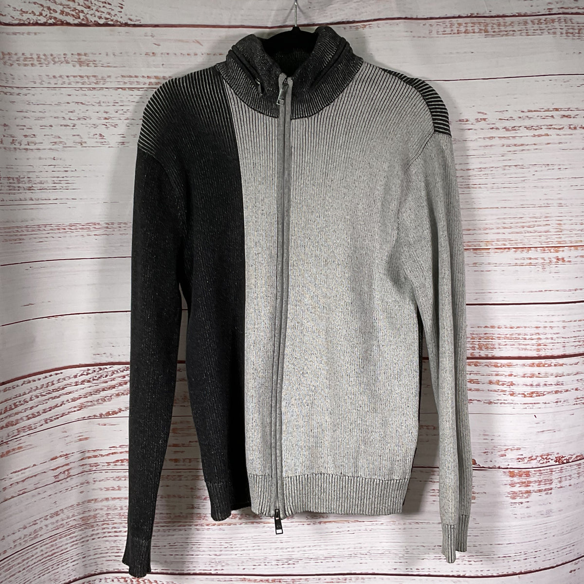 ARMANI EXCHANGE A/X Men's Gray Black Knit Cable Zip Up Cardigan Sweater- SZ L