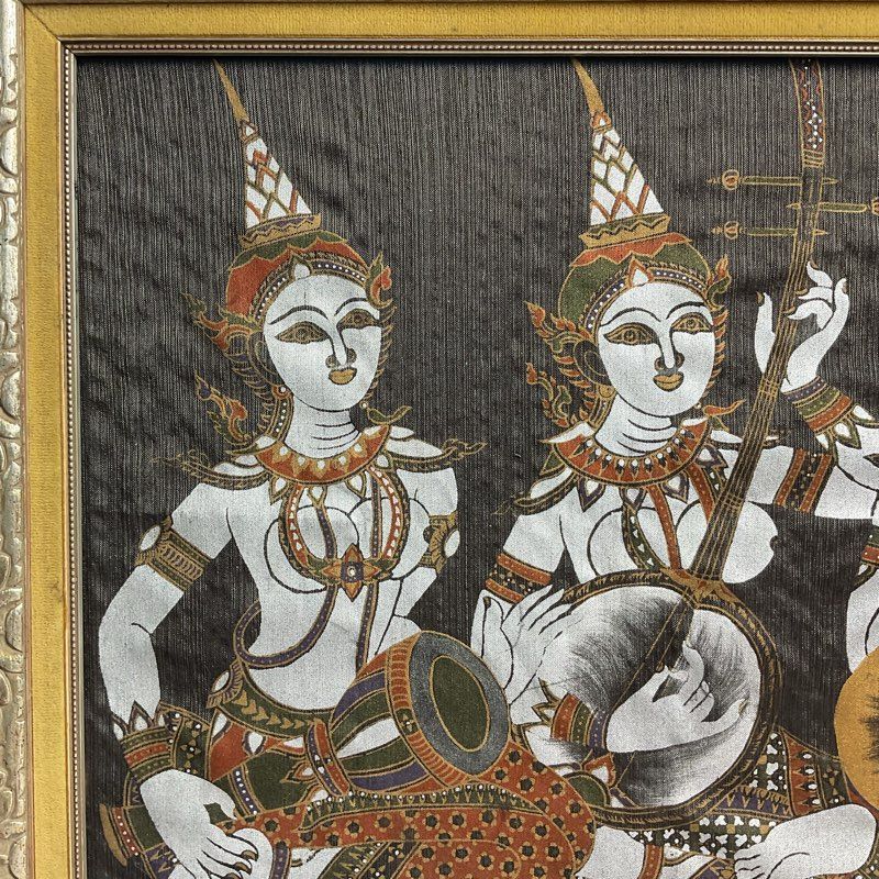 Three Kinnara Gods 21" Thai Painting on Silk in Damaged Frame