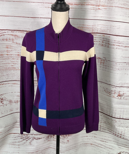 St. John Color Block Wool Zip Front Sweater Purple P