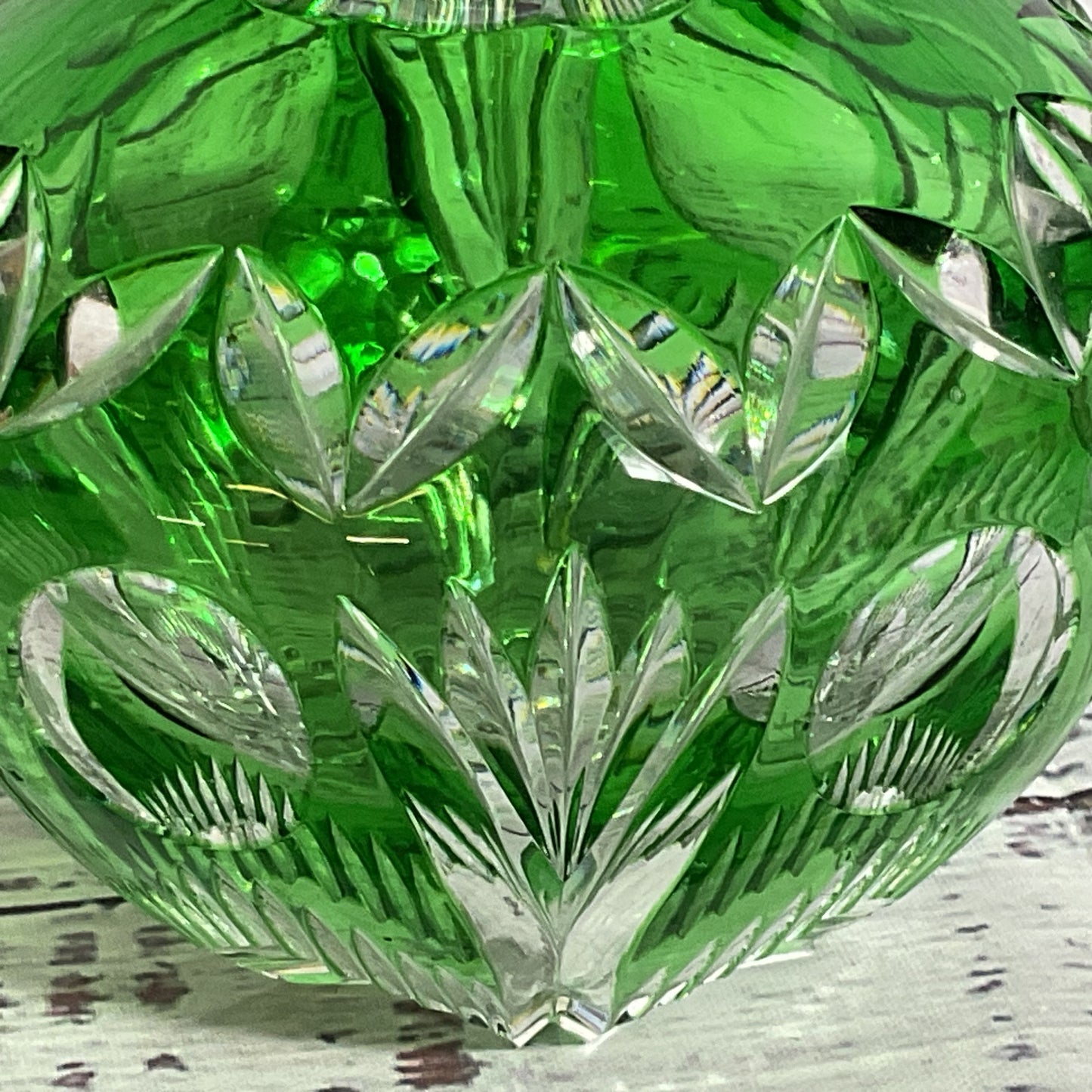 VTG. Bohemian Emerald Green Cut Crystal Round Vase- 4.5"