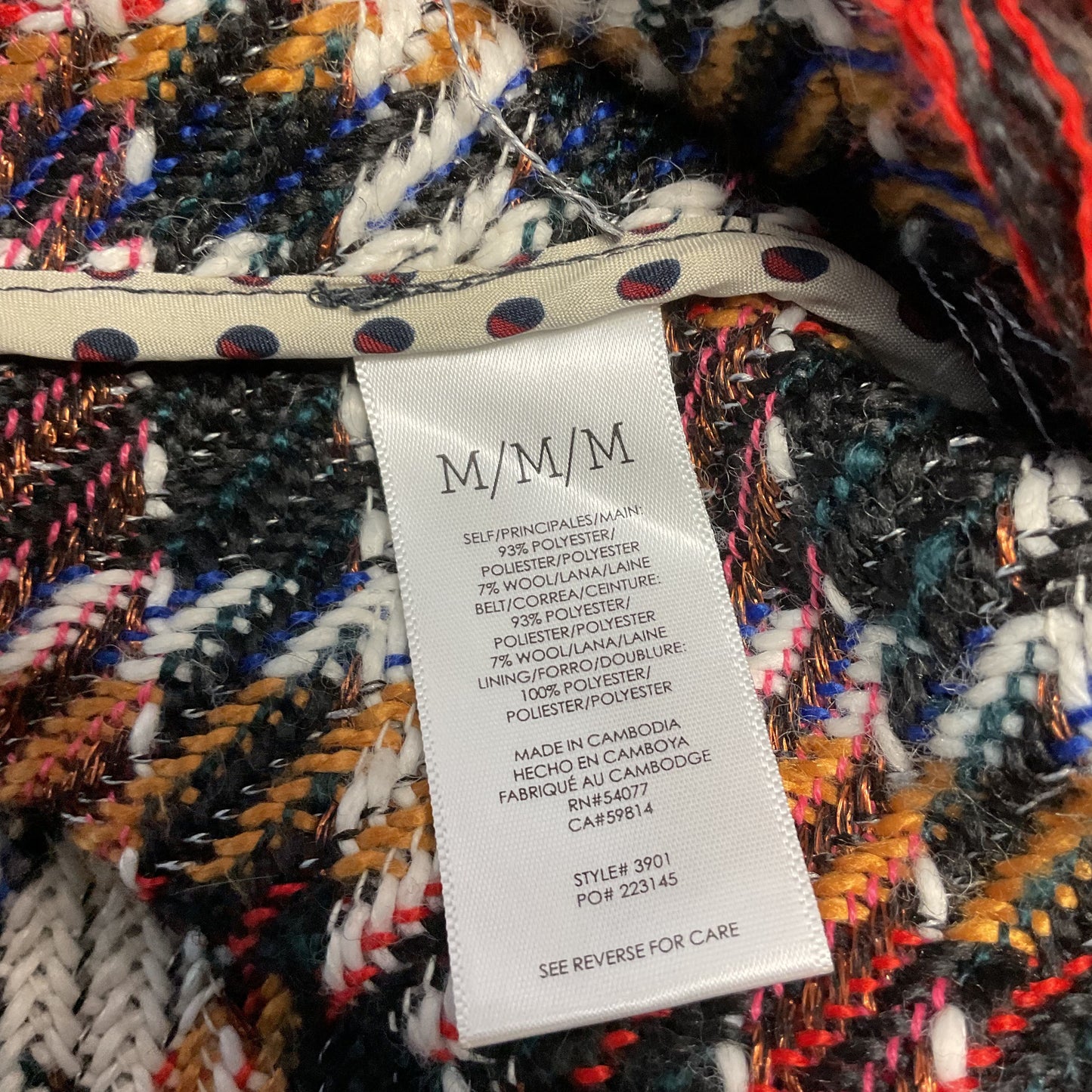 Cabi Regency Multicolor Plaid Fringe Wool Blend Coat - Size M
