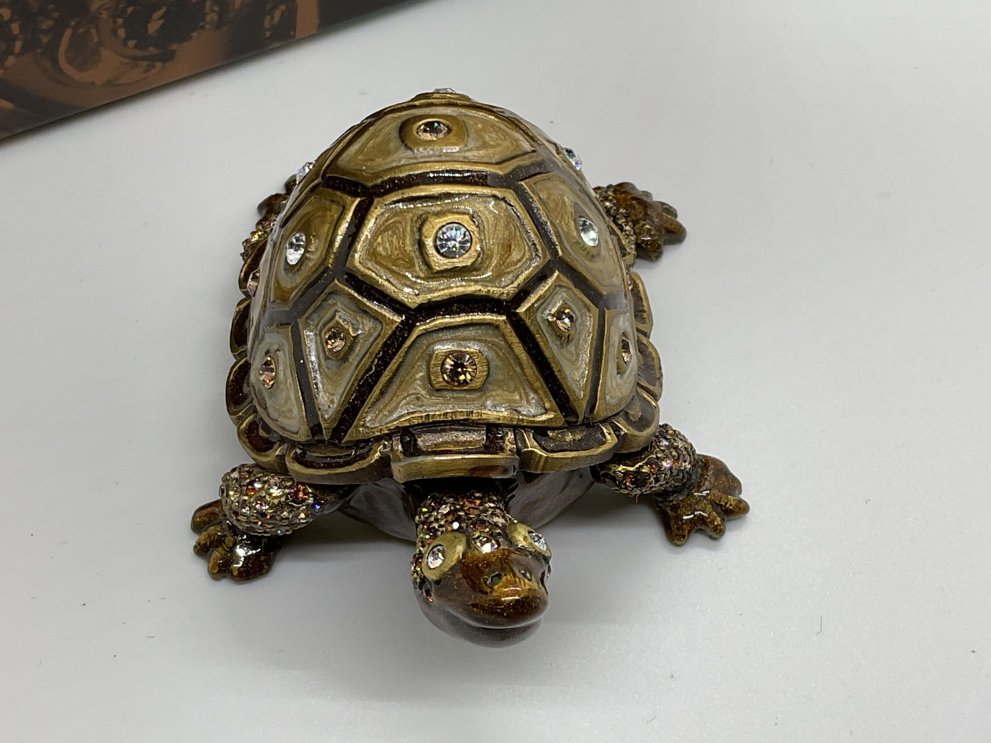 JAY STRONGWATER Brown Golden Brown Amber & Clear Crystals Turtle Trinket Box 3”