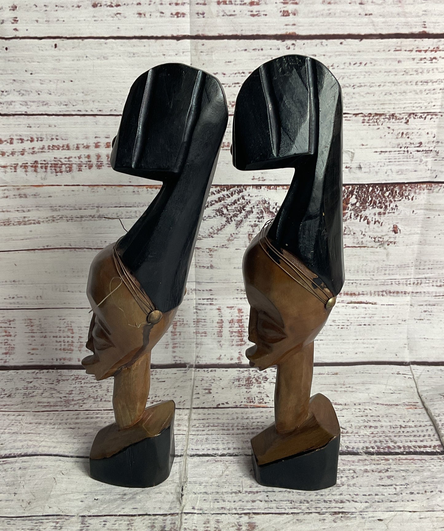 Vintage MCM 10' Set of 2 African Carved Wood Statues Brown