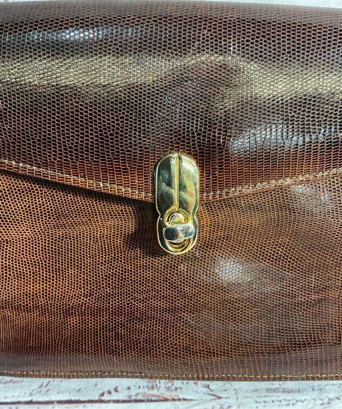 Vintage Brown Snake Embossed Leather Front Flap Shoulder Bag Women's