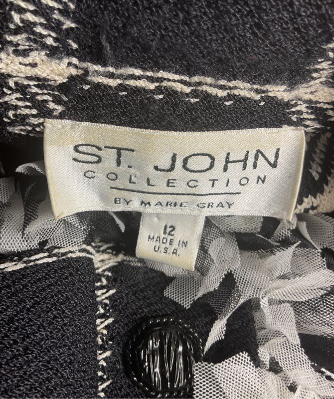 St. John Collections Vintage Plaid Fringe Trim Jacket Black White 12