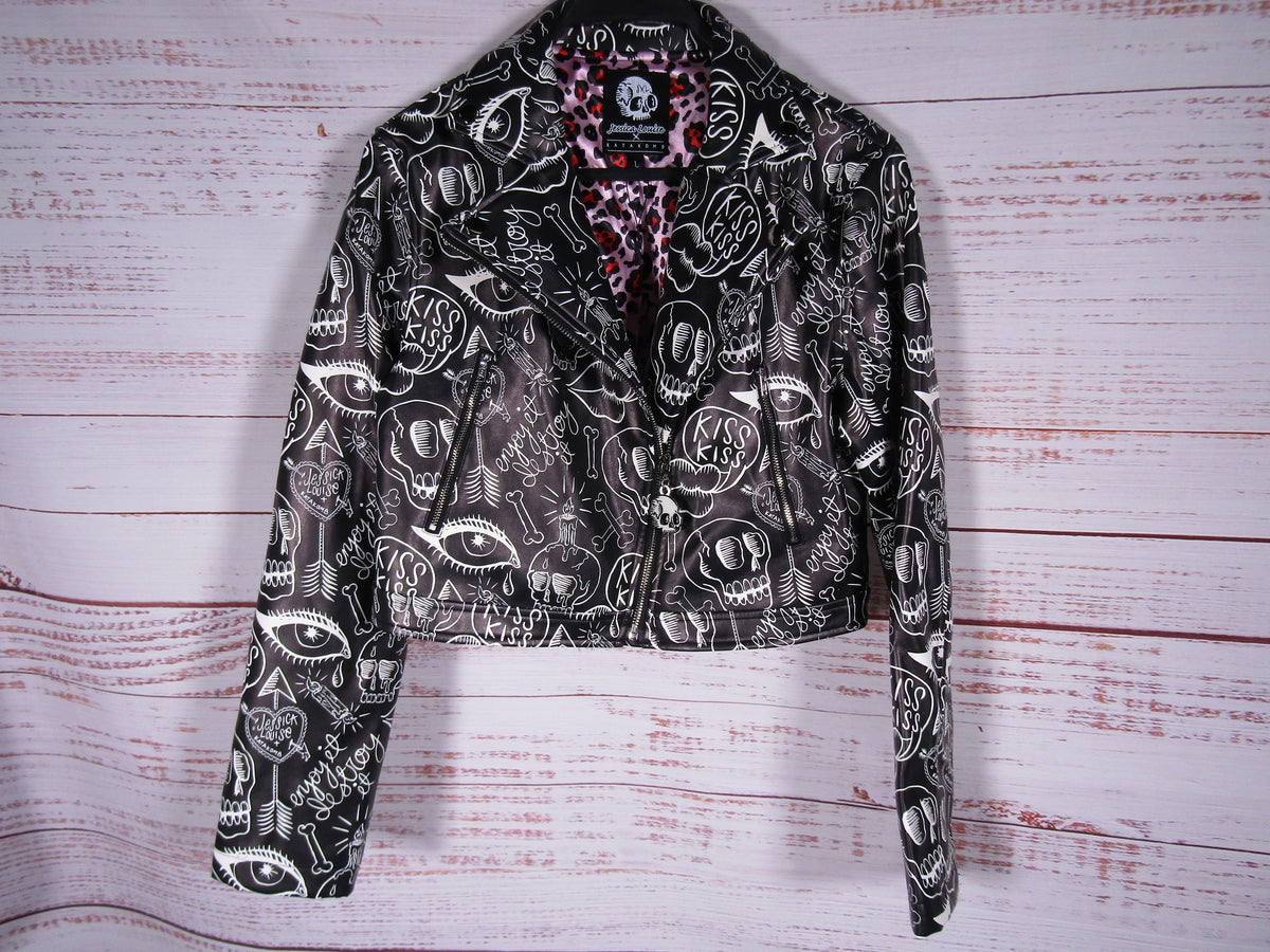 Jessica Louise Women's Black Faux Leather Graffiti Moto Jacket Size L