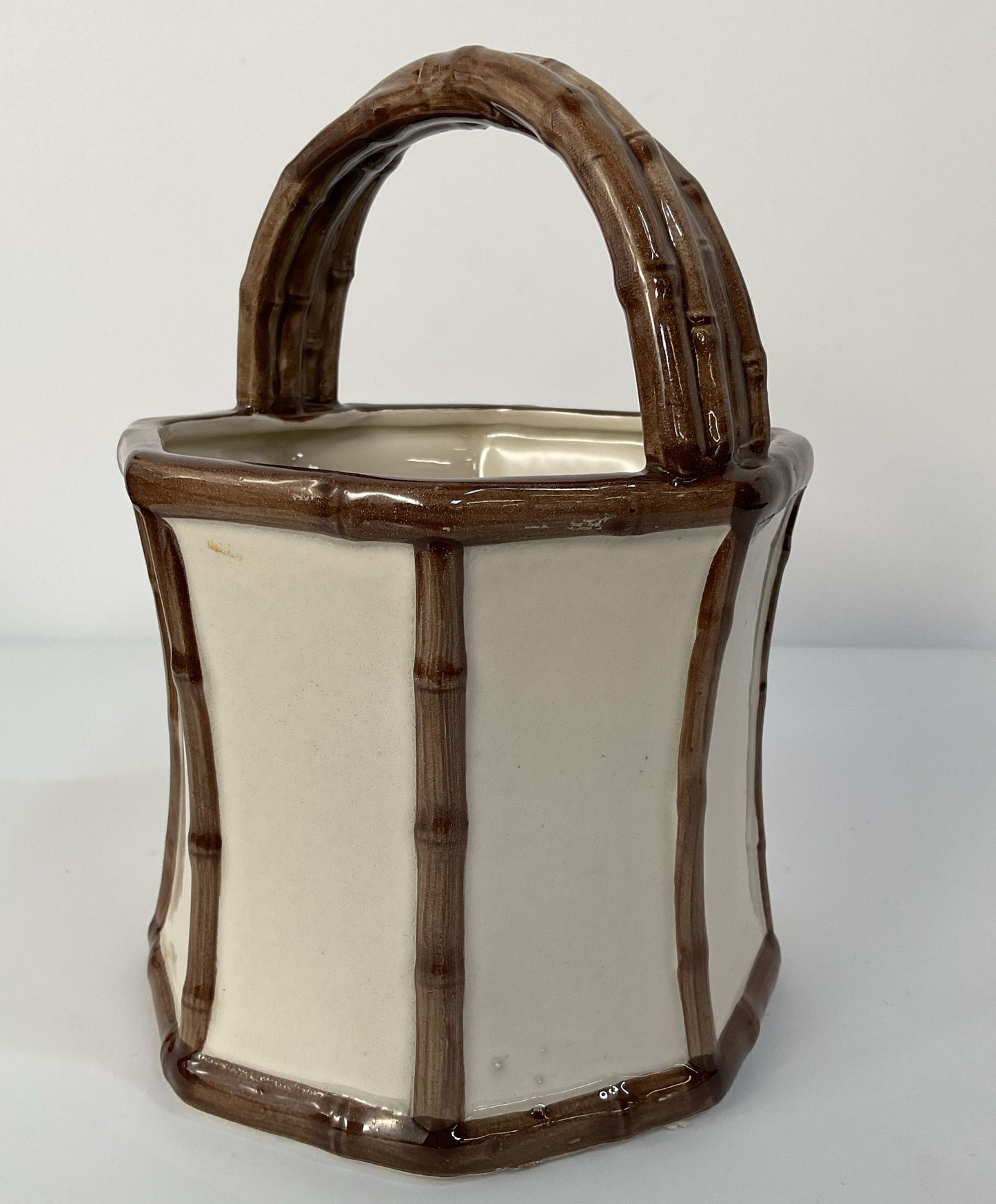 Vintage Fitz and Floyd Bamboo Motif Ceramic Basket Vase