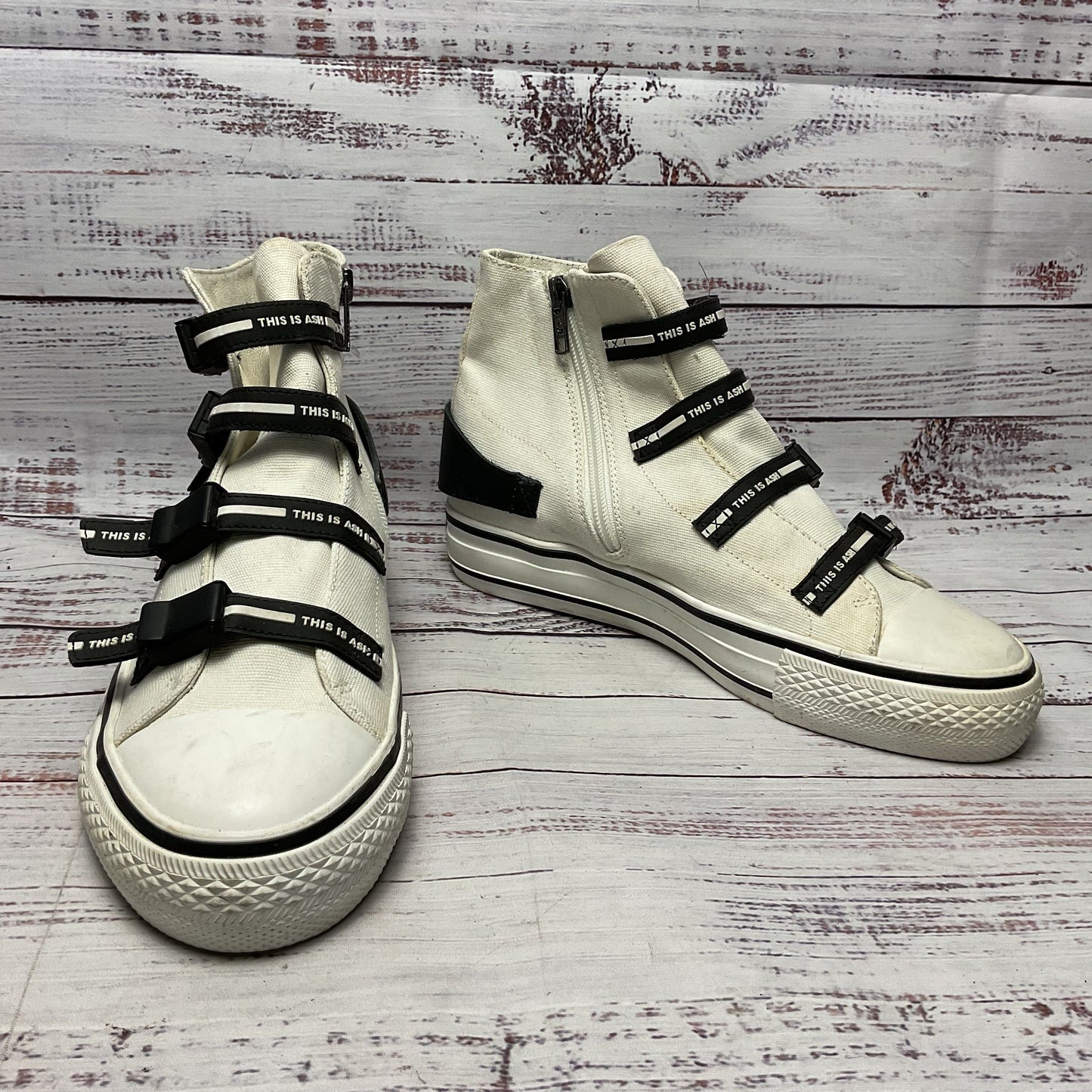 Ash White Canvas Hi-top Black Strap Buckle Sneaker Casual Shoe Women Size 7.5