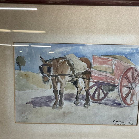 Signed VTG./ANTIQUE P.FIRENZE Horse & Wagon Watercolor Painting