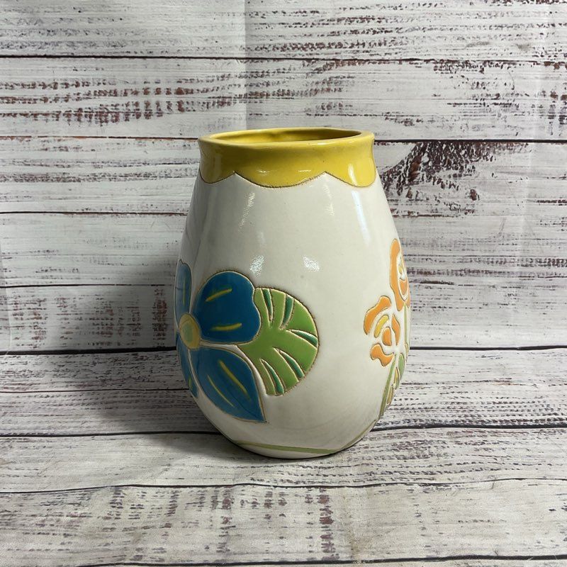 Anthropologie Floral Incised Multicolor Hand Painted 7" Table Vase