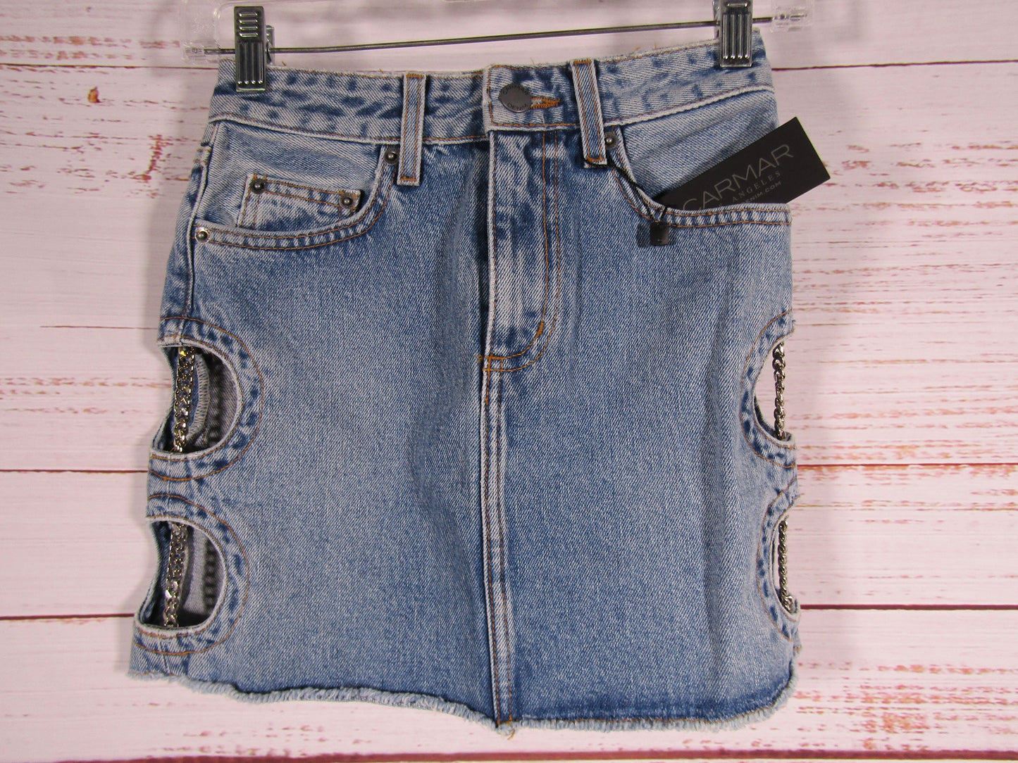 Carmar Colin Women's Blue Denim Cutout Chain Accent Skirt Size 23