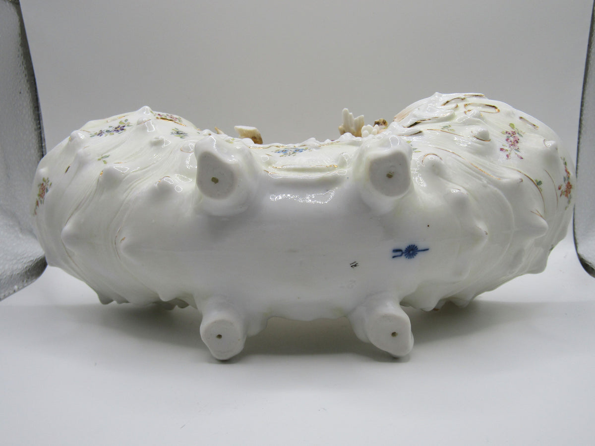 Antique Volkstedt Porcelain Conch Bird Motif Basket Made in Thuringia, Germany