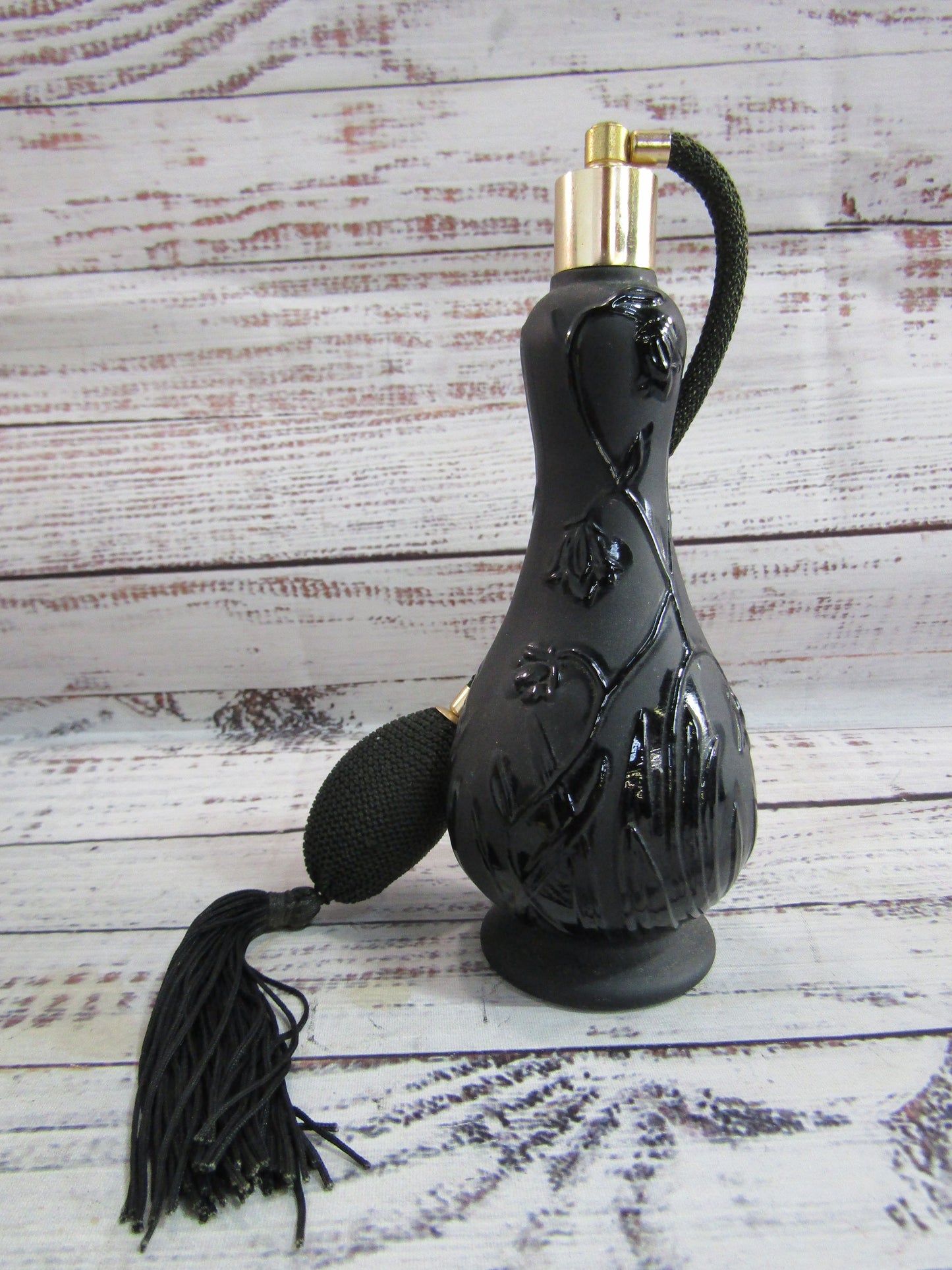 Floral Embossed Black Glass Perfume Atomizer
