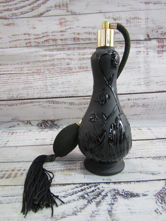 Floral Embossed Black Glass Perfume Atomizer