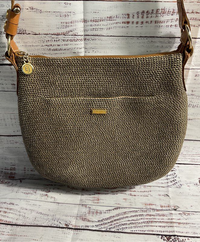 Eric Javits Women's Straw Woven Squishee Leather Strap Crossbody Bag