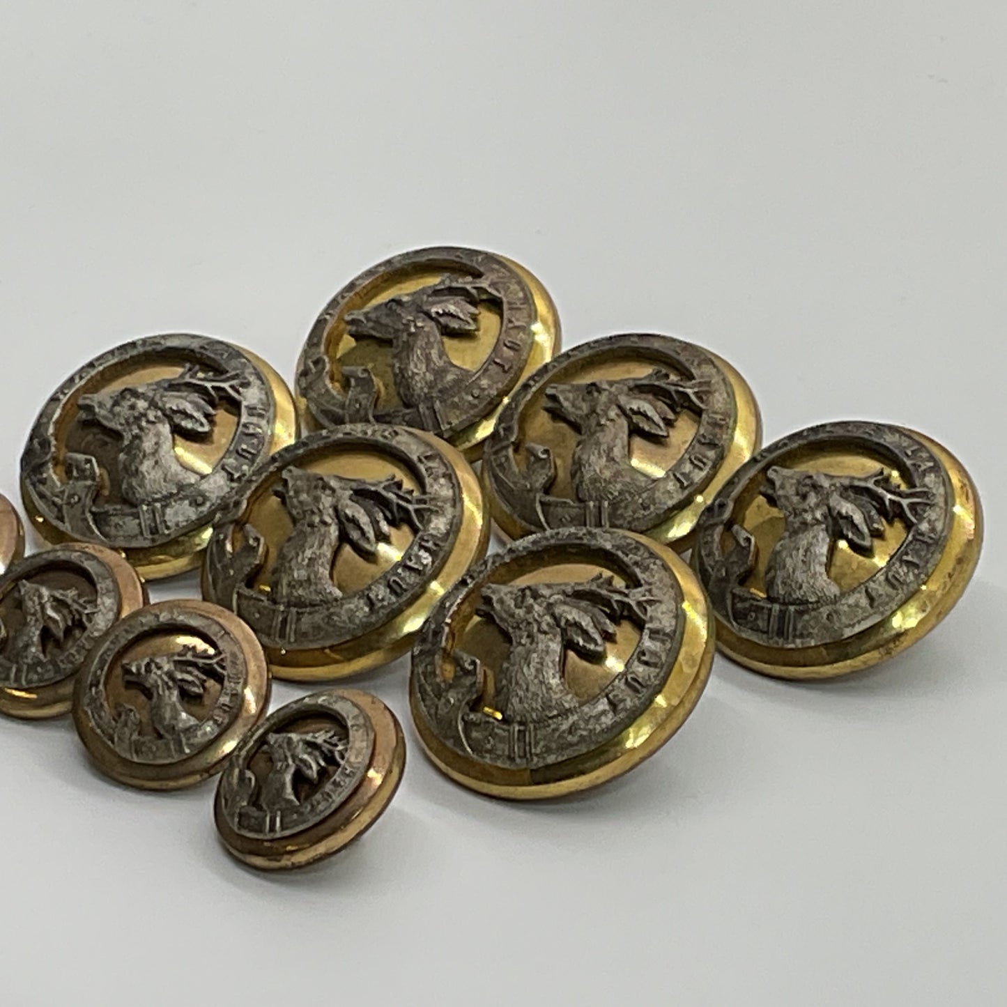 ANTIQUE SUPERIEUR France Rallye LA Haut Two Tone Deer Motif Buttons- Set of 10