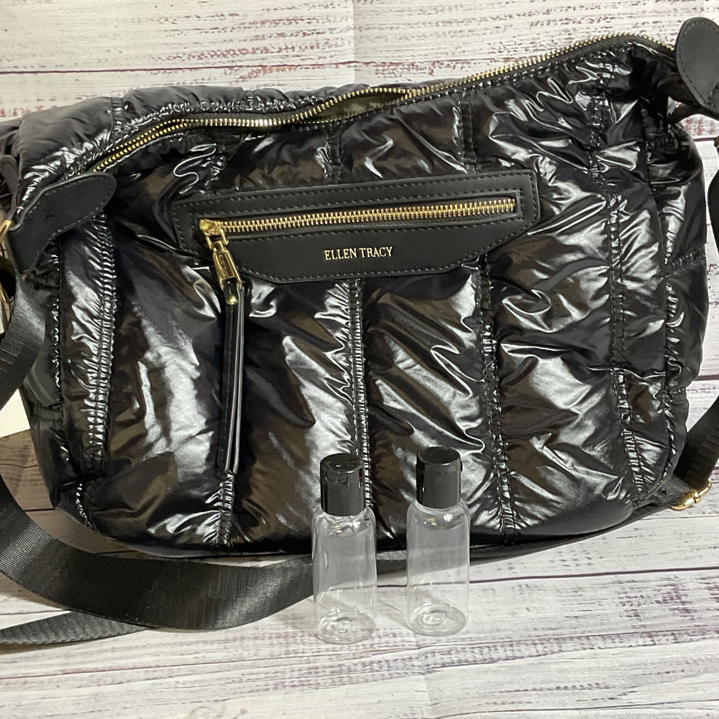 NWT ELLEN TRACY The Teagan Black Patent Puffer Quilted Nylon Hobo Crossbody