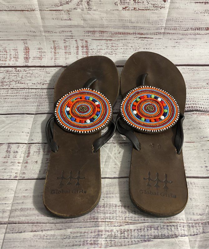 Global Girls Women's Dark Brown Leather Beaded Masia Macho Sandals Size 39
