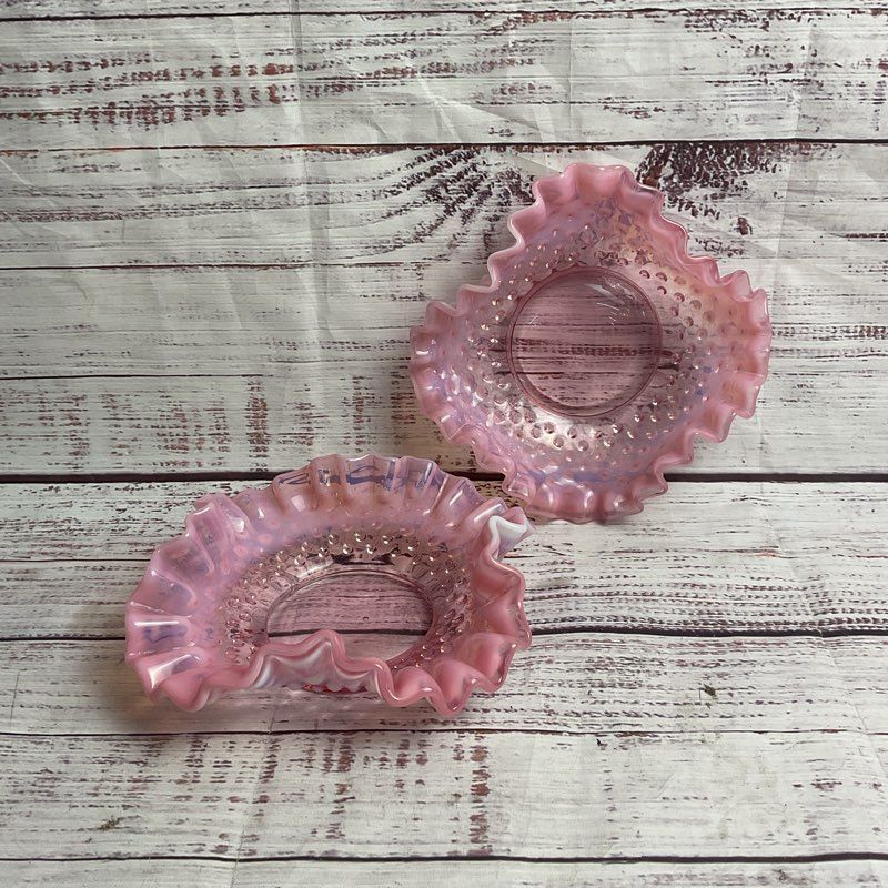 Set Of 2 Vintage Opalescent Pink Ruffle Edge Hobnail Glass 5" Trinket Dishes