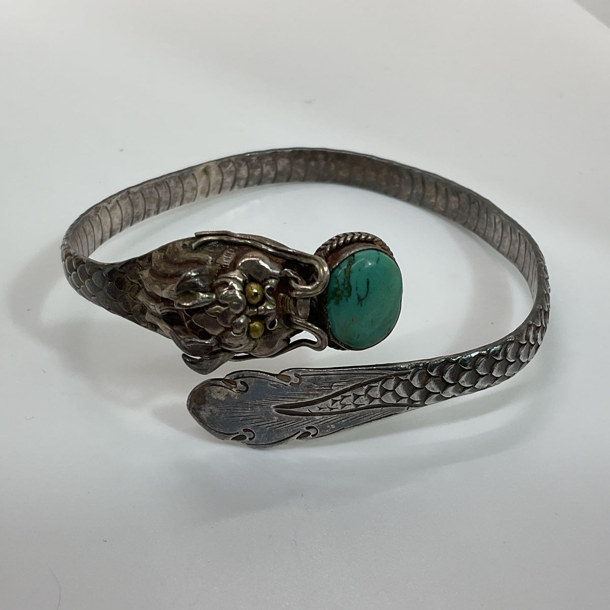 VTG. TIBETAN Silver Plated Turquoise & Coral Dragan Wrapped Bracelet