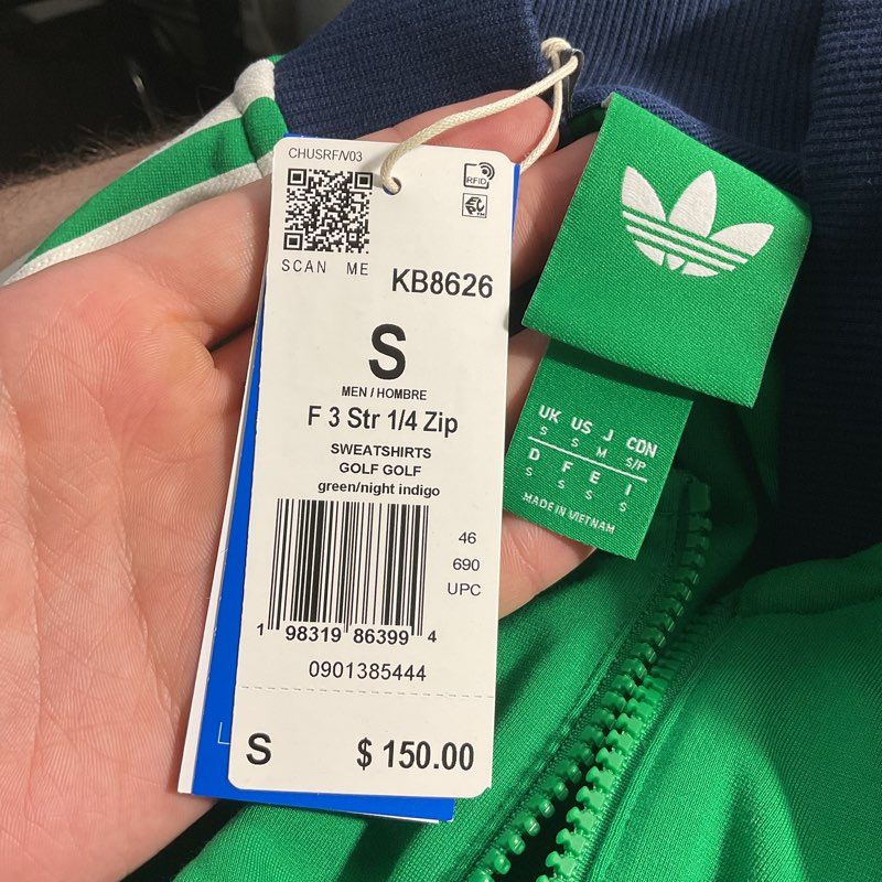 NWT Adidas Golf French Terry Green 3 Stripe 1/4 Zip Pullover Jacket - Size S