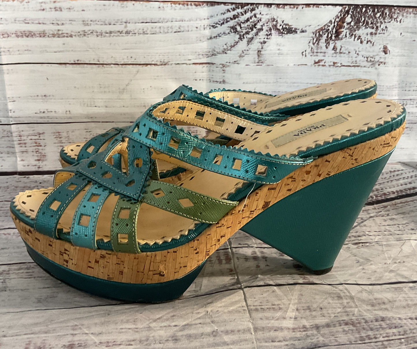 Prada Metallic Leather Strappy Heeled Sandals Blue Green