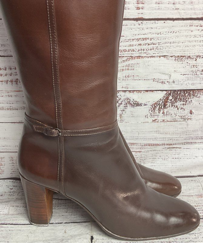 Julianelli Vintage Leather Buckle Detail Calf High Boots Brown 8