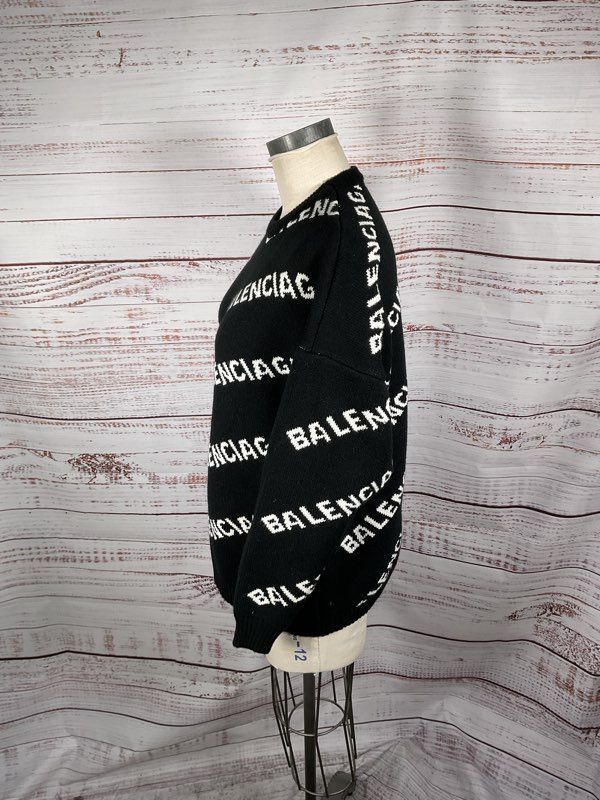 Balenciaga Sweater All Over Logo Wool Knit Pullover Size XL Black