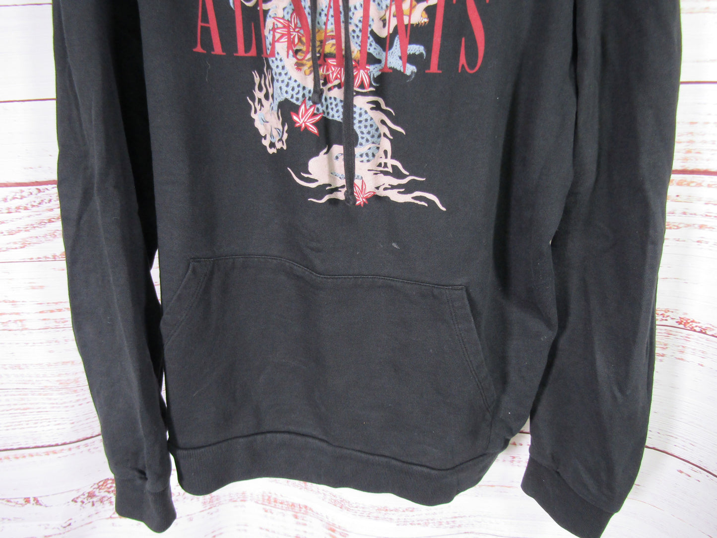 AllSaints DNA Men's Distressed Black Dragon Print Cotton Hoodie Size L