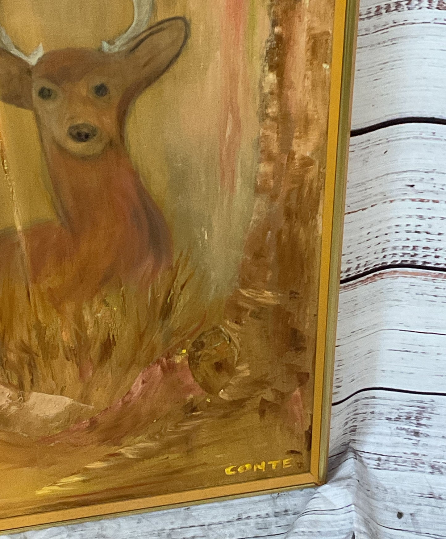 Vintage MCM Deer in Golden Forest Painting Signed by Conte