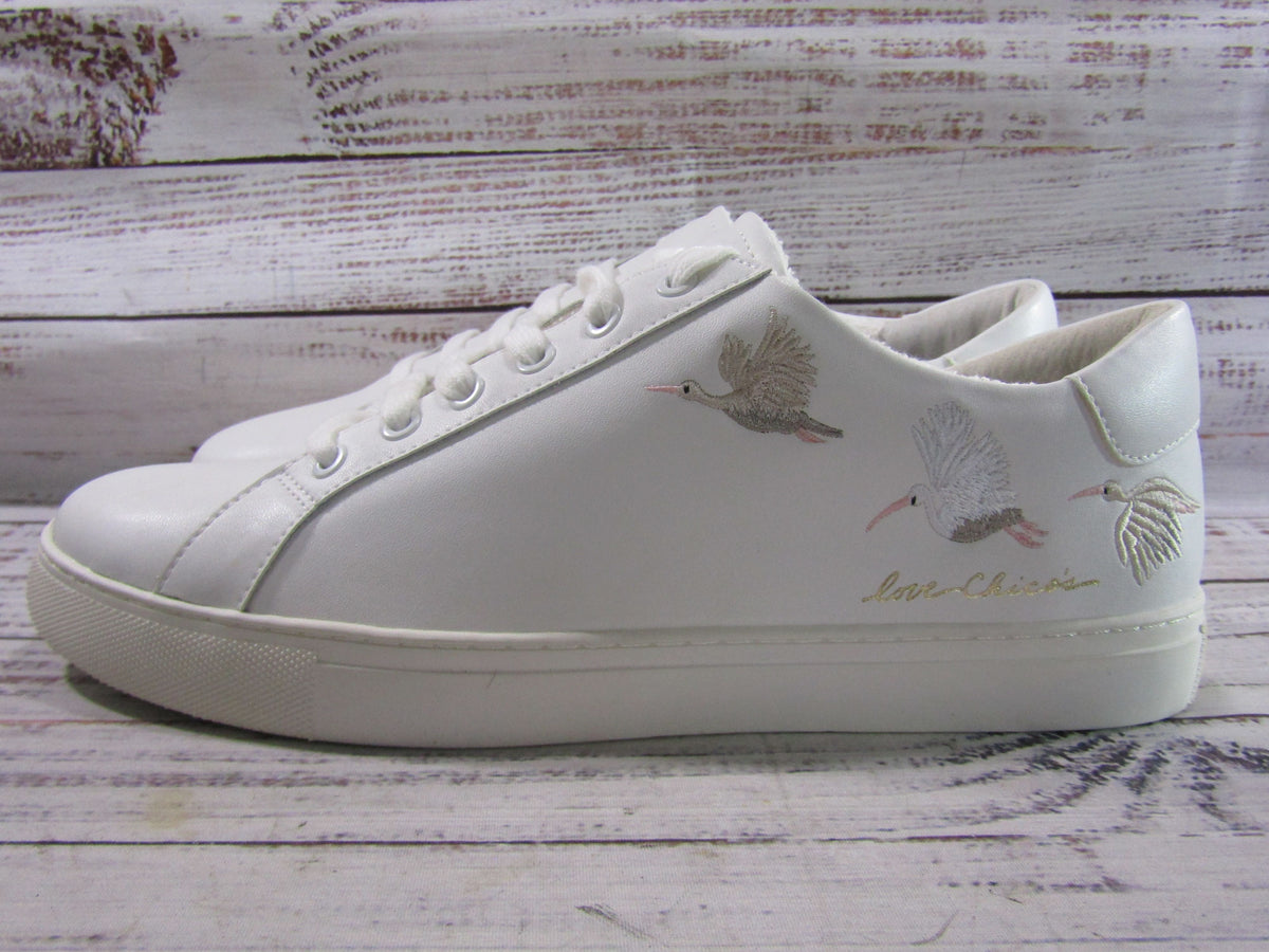 Chico's Ingrid Women's White Leather Crane Embroidered Sneakers Size 9.5