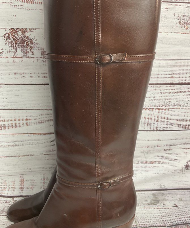 Julianelli Vintage Leather Buckle Detail Calf High Boots Brown 8