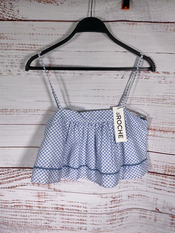 NWT St. Roche Women's Mosaic Silk Blend Blue White Crop Top Size XS