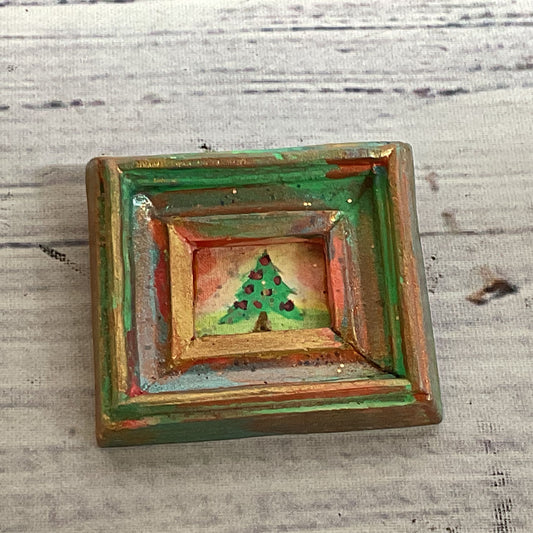 Signed VTG. SCHUPPE SR. Miniature Framed Christmas Tree Painting Brooch- 1.5"