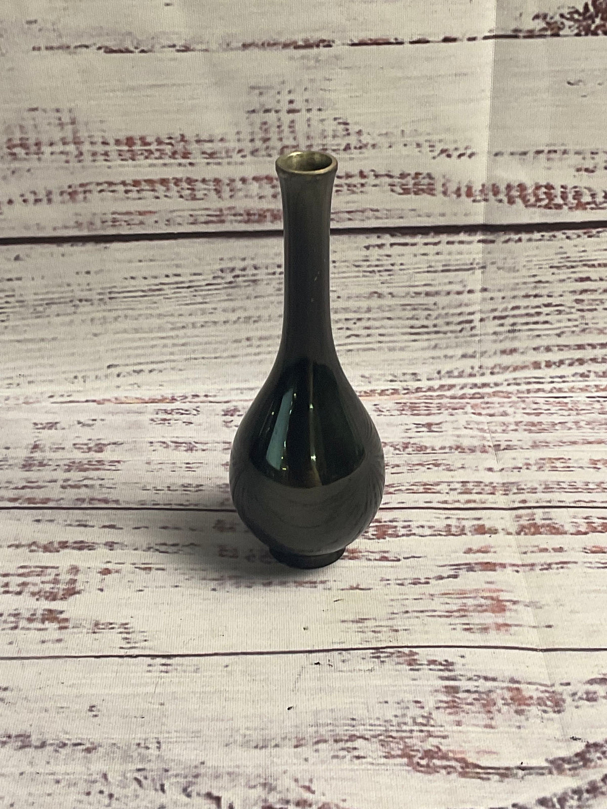 4" Black Painted Metal Vase Asian House Scene