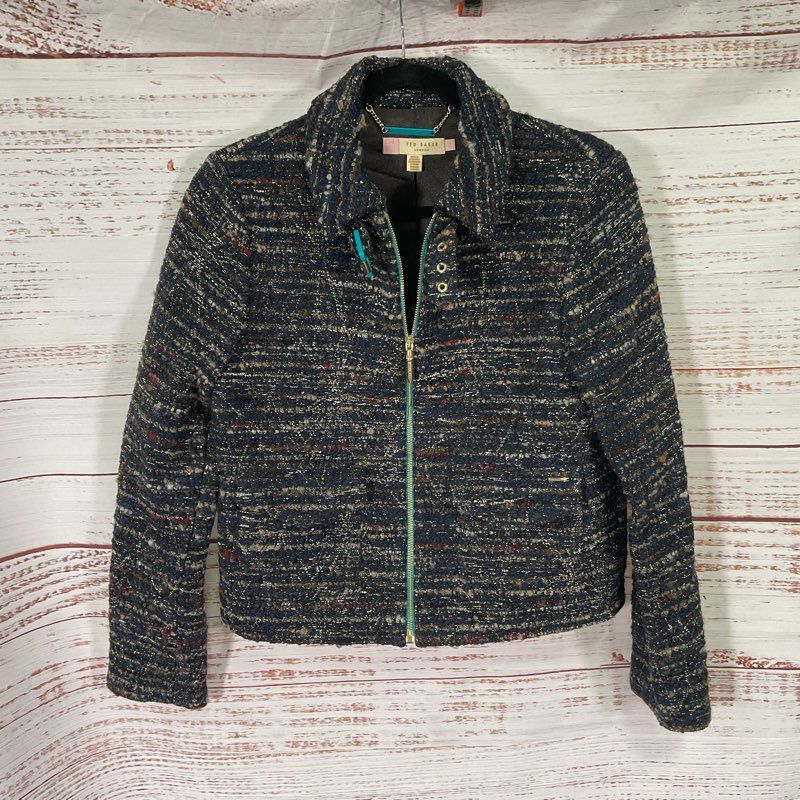 Ted Baker Colour by Numbers Multi Tweed Full Zip Cropped Jacket - Size 2