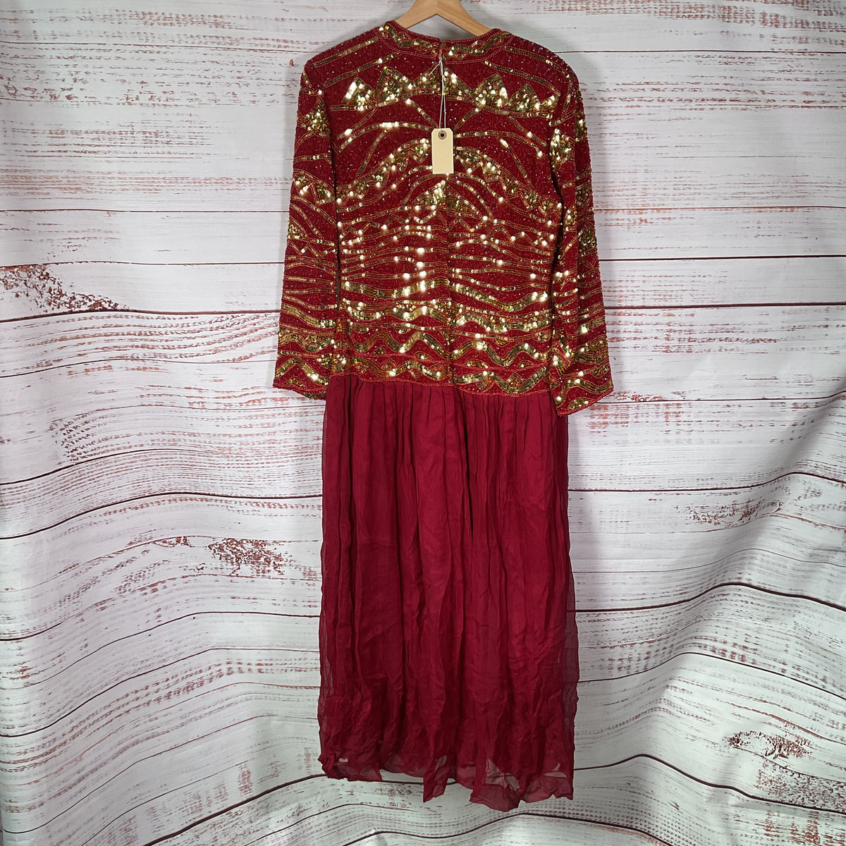 Semi Queen Red Silk Gold Bead Sequin Long Sleeve Dress - Size L