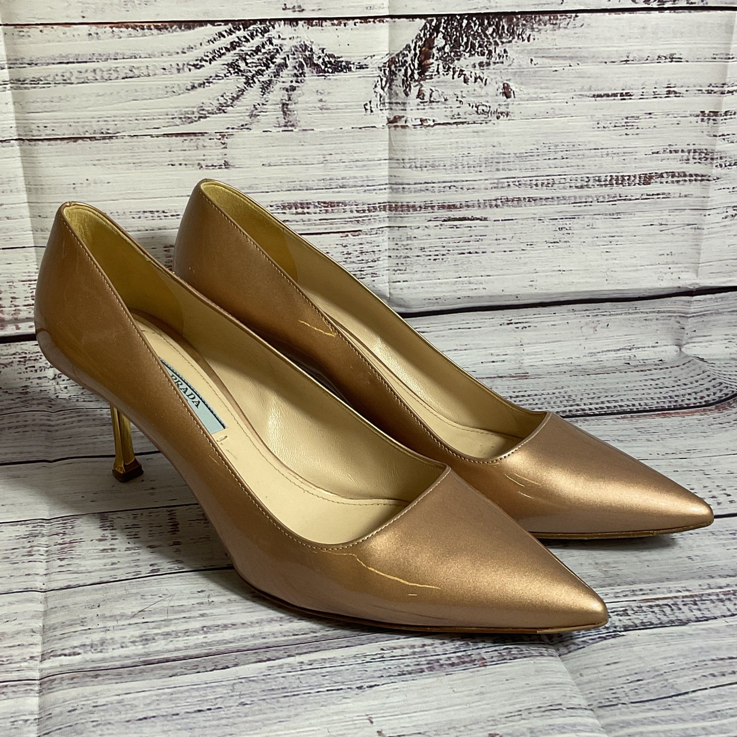 PRADA Women's Champagne Patent Leather Pump Heels- 38/ 8 US