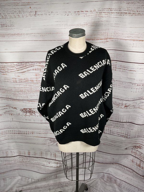 Balenciaga Sweater All Over Logo Wool Knit Pullover Size XL Black