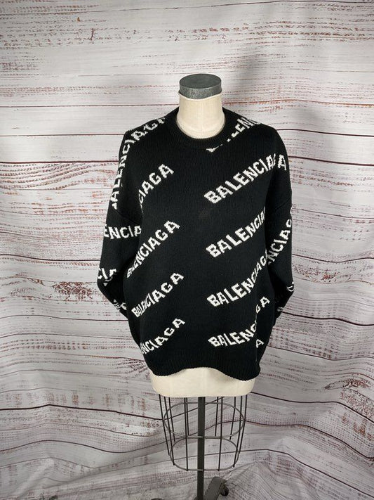 Balenciaga Sweater All Over Logo Wool Knit Pullover Size XL Black